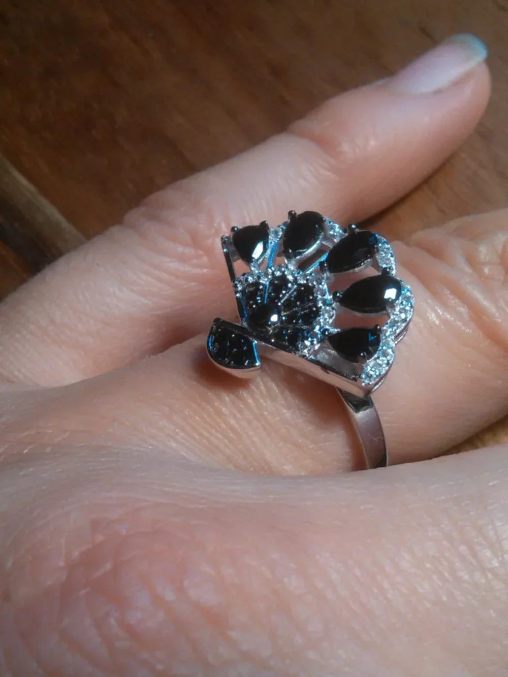 Black Spinel Rhodium over Sterling Silver Fan Ring (Size 7)